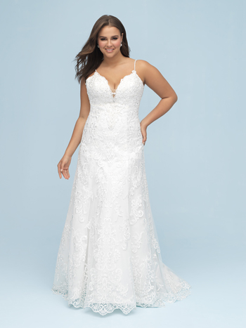 Beaded lace wedding dress, sleeveless tulle and hand-beaded corded lace over luxurious satin fit and flare dress, beaded V-neckline and lace straps, beaded deep plunging scoop back, dropped waistline, scalloped hemline, chapel length train.