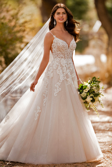 Beaded lace wedding dress, sleeveless tulle and hand-beaded corded lace over luxurious satin fit and flare dress, beaded V-neckline and lace straps, beaded deep plunging scoop back, dropped waistline, scalloped hemline, chapel length train.