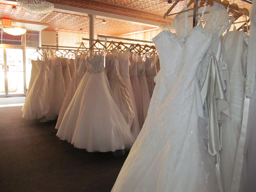 Racks and racks of wedding dresses.